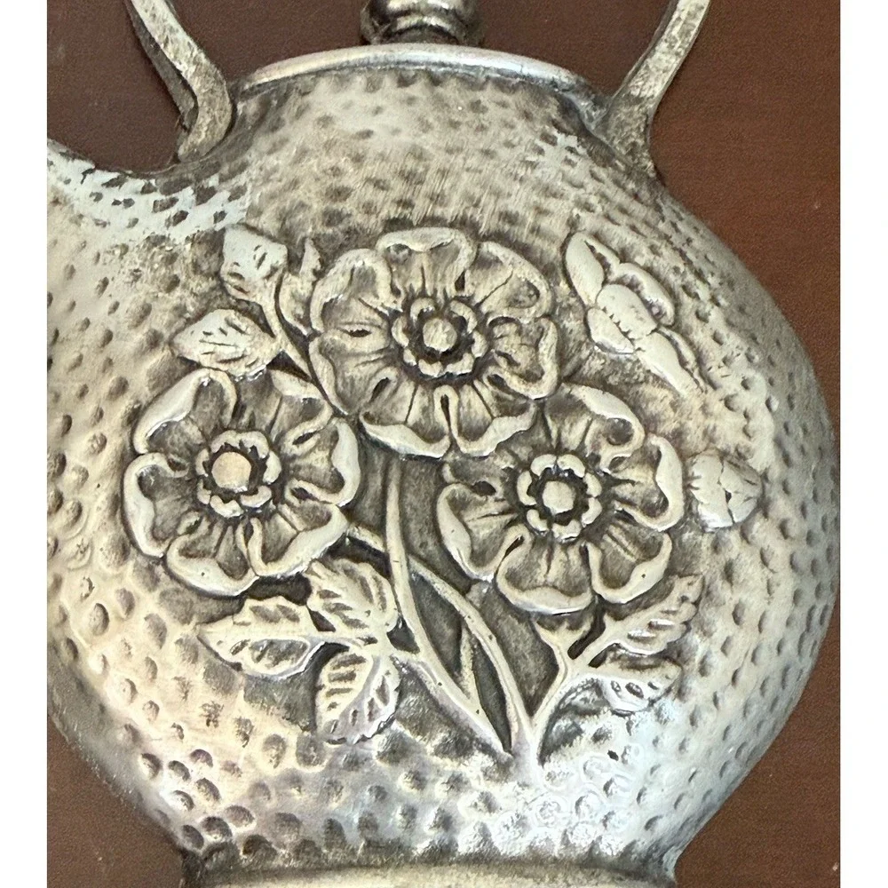 Vintage Pewter decorative hanging teapot Wall Mount Flower Pattern 9.5